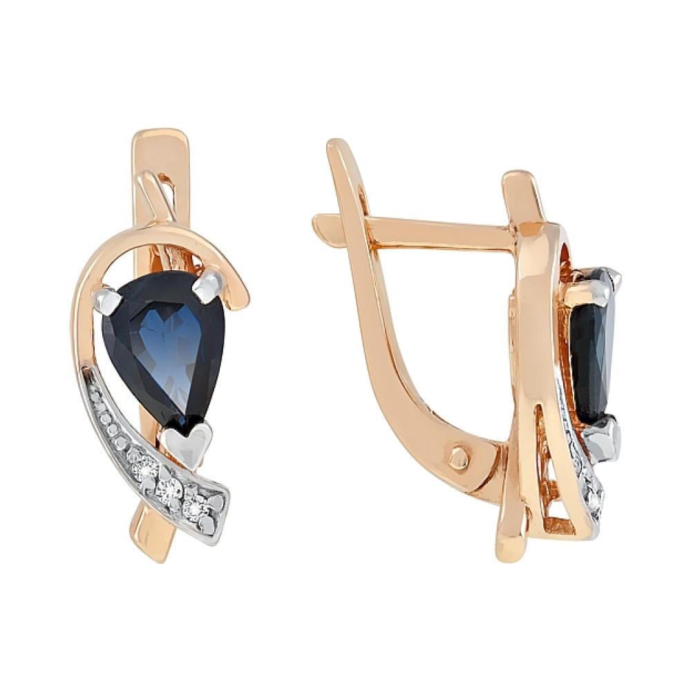 Золотые серьги с бриллиантом и сапфиром № 85598