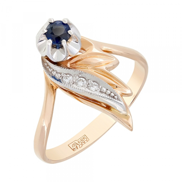 Золотое кольцо с бриллиантом и сапфиром № 29589