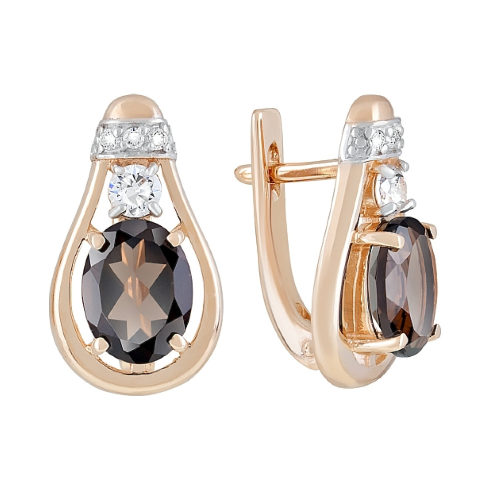 Золотые серьги с раухтопазом и фианитом № 121876