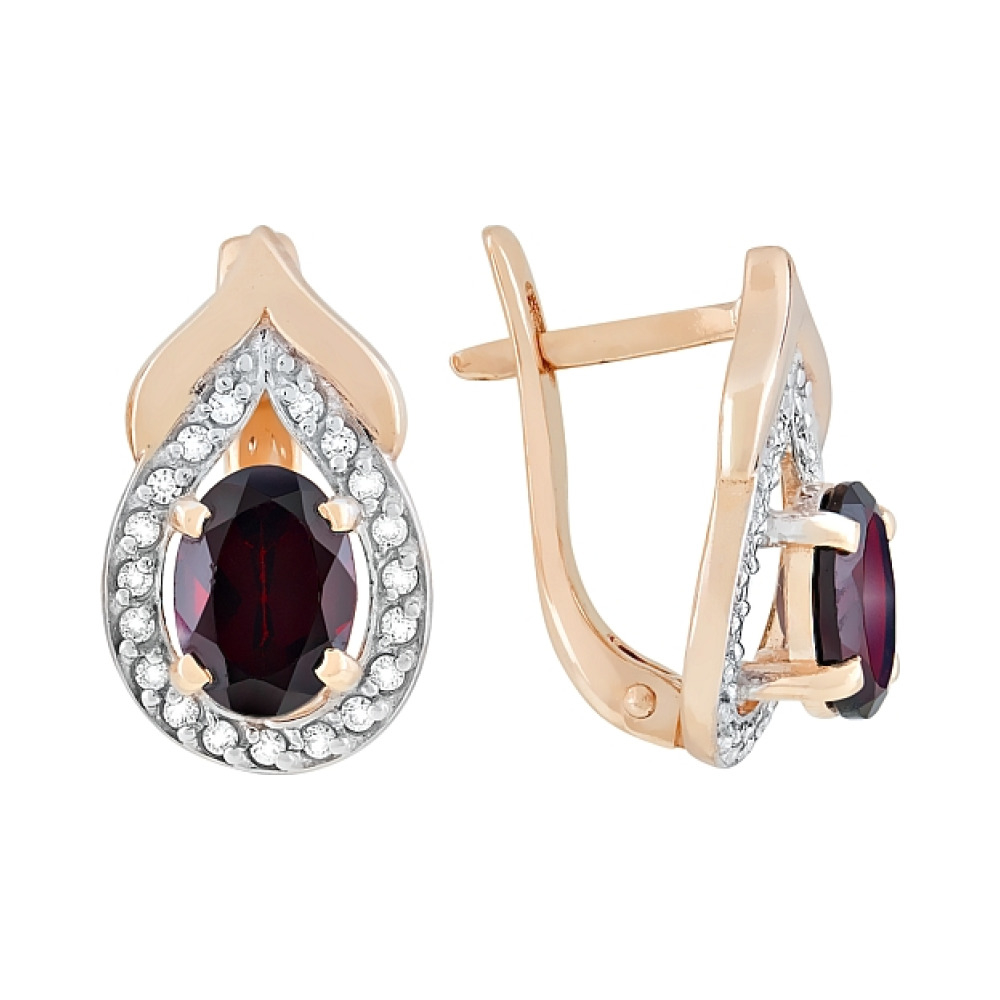 Золотые серьги с гранатом и фианитом № 118245