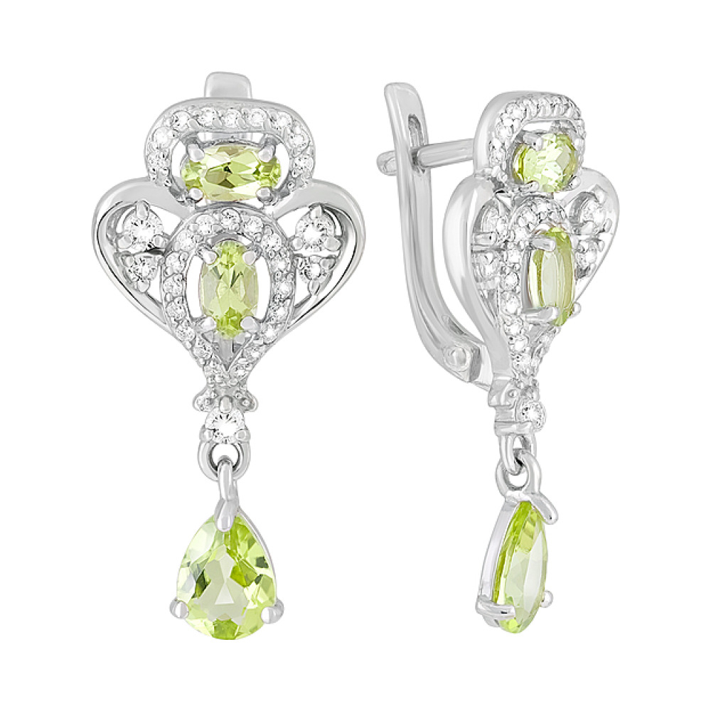 Серебряные серьги с хризолитом и фианитом № 126925