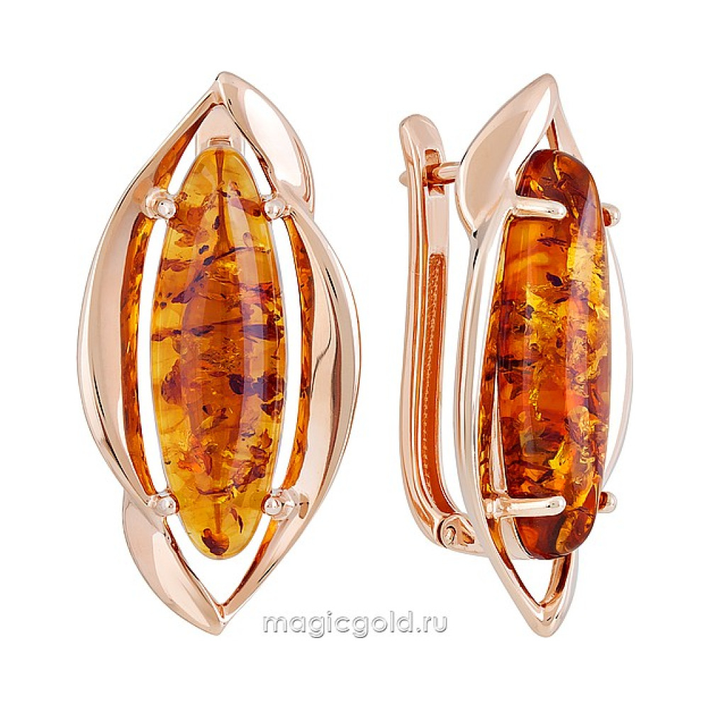 Серебряные серьги с янтарем и золотым покрытием № 142605