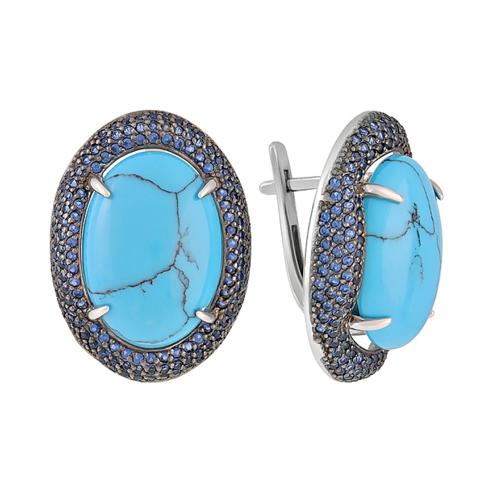 Серебряные серьги с бирюзой и фианитом № 128107