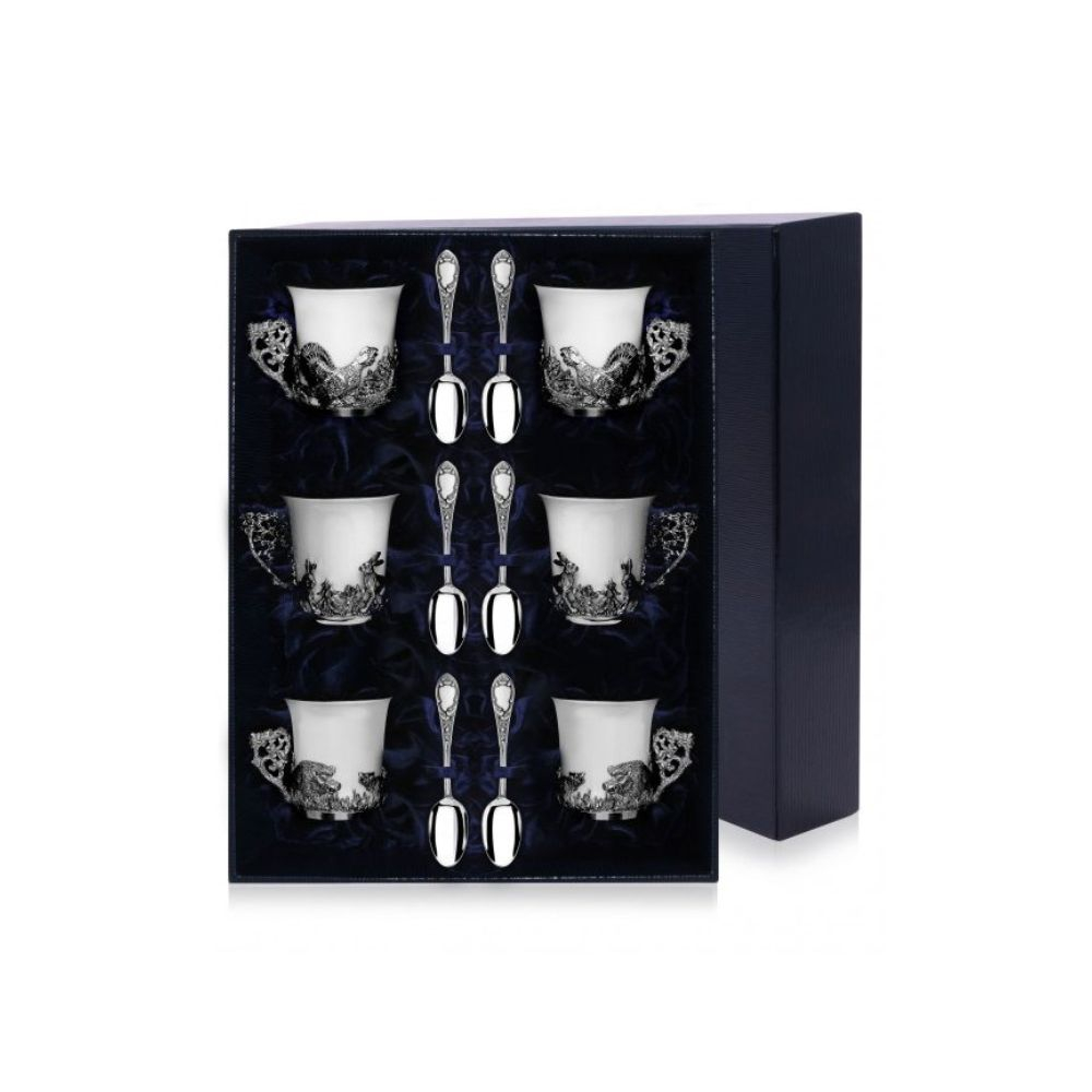 Набор серебряных кофейных чашек «Охотничьи» с ложками