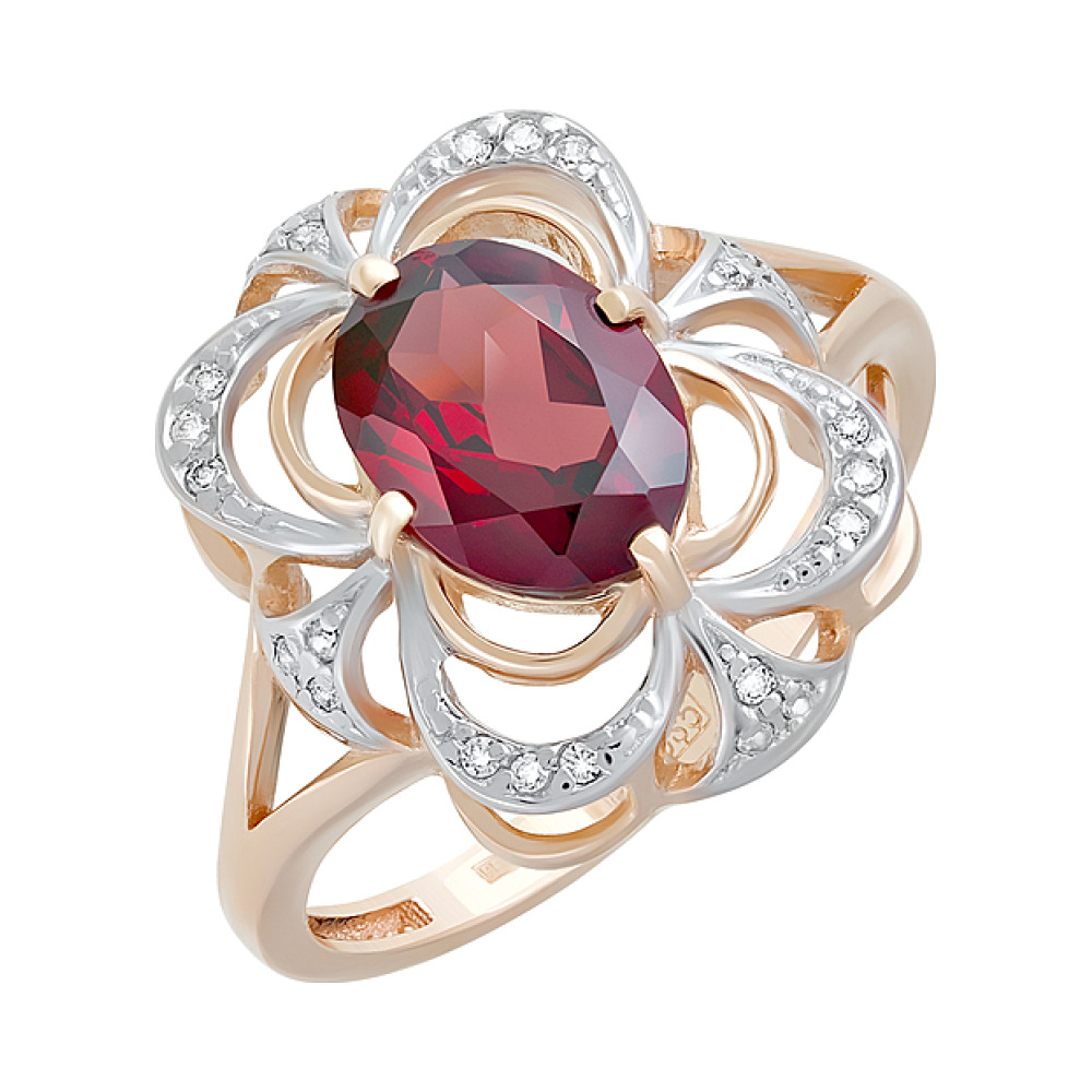 Золотое кольцо с гранатом и фианитом № 124605