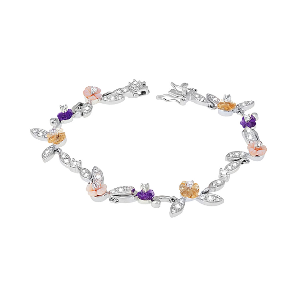 Серебряный браслет с цитр.,аметист.,фианит. и имитац.жемчуга № 33731