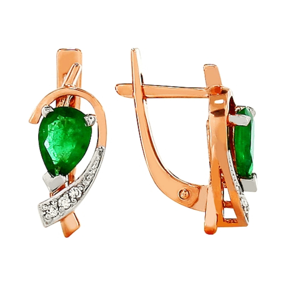 Золотые серьги с бриллиантом и изумрудом № 85086