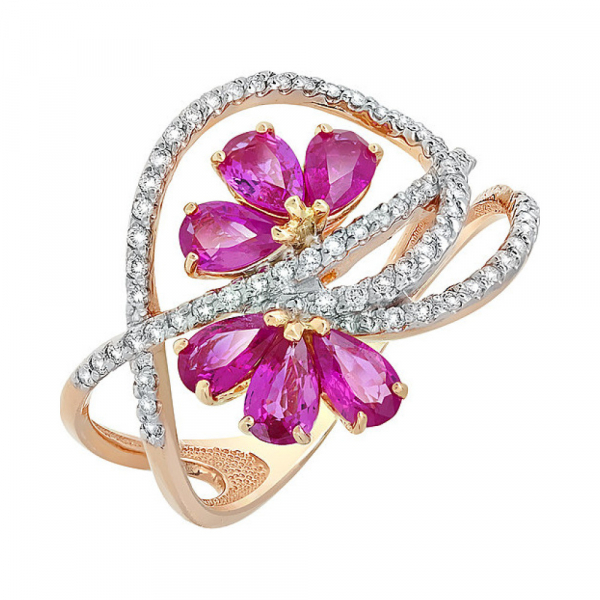 Золотое кольцо с бриллиантом и рубином № 108049