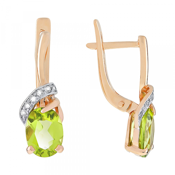 Золотые серьги с хризолитом и фианитом № 80024