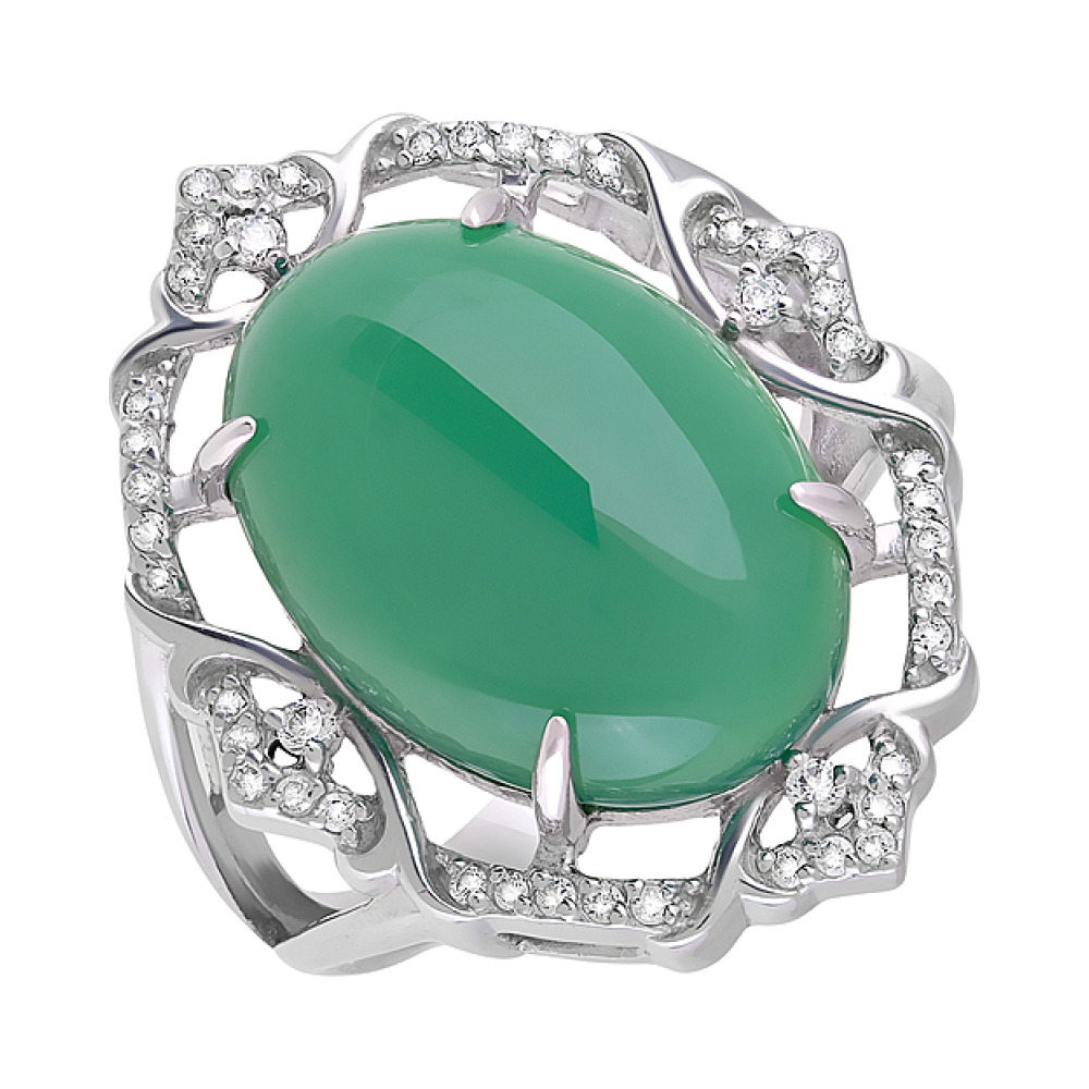 Серебряное кольцо с зелёным ониксом и фианитом № 128057