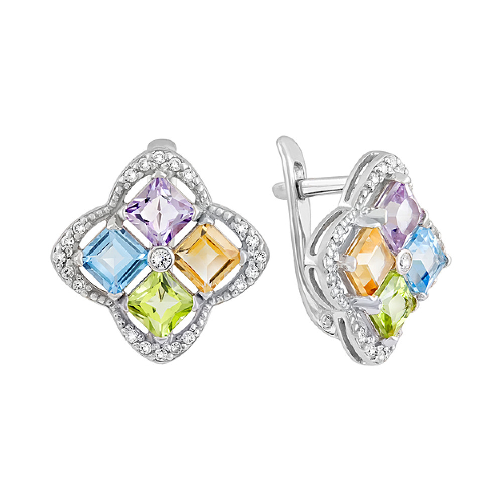 Серебряные серьги с полудрагоценными вставками и фианитом № 131477