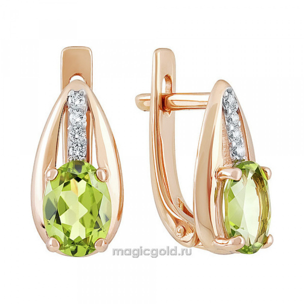 Золотые серьги с хризолитом и фианитом № 139813