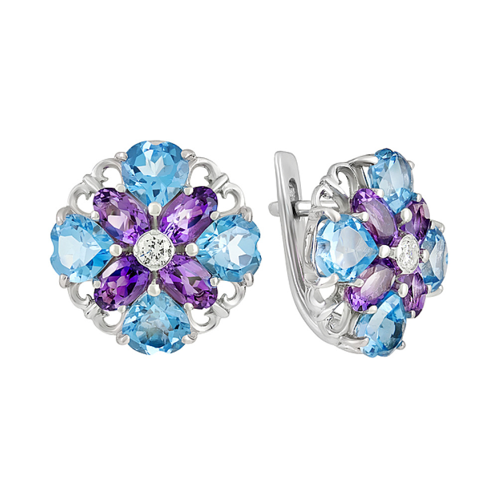 Серебряные серьги с полудрагоценными вставками и фианитом № 131475