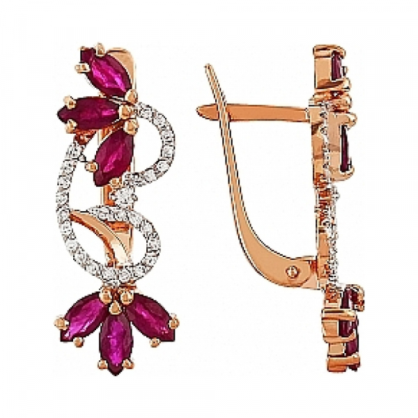 Золотые серьги с бриллиантом и рубином № 108849
