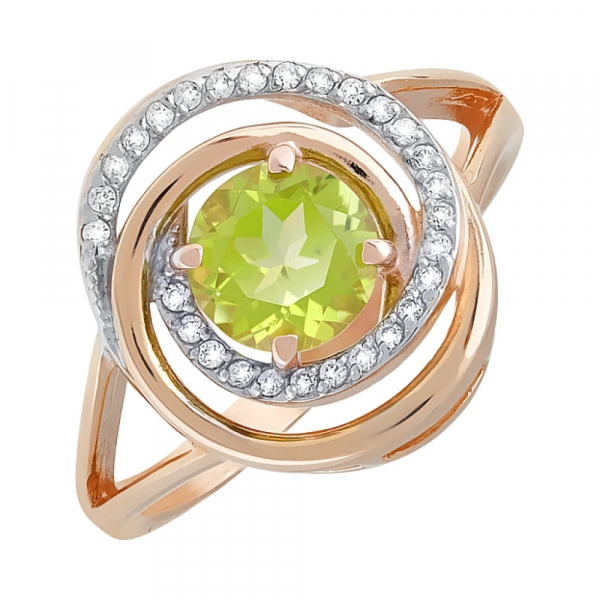 Золотое кольцо с хризолитом и фианитом № 119392