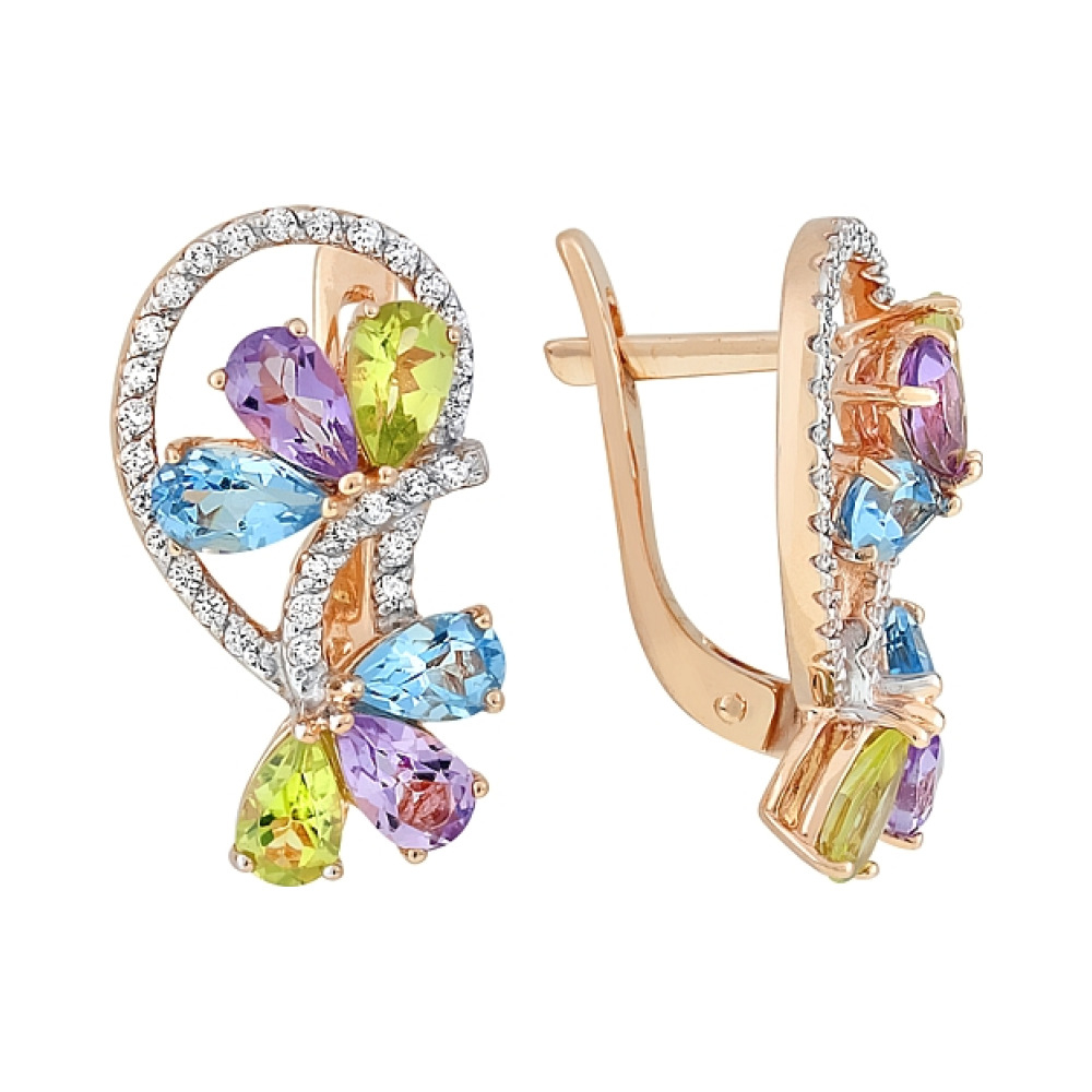 Золотые серьги с аметистом, топазом, хризолитом и фианитом № 112159