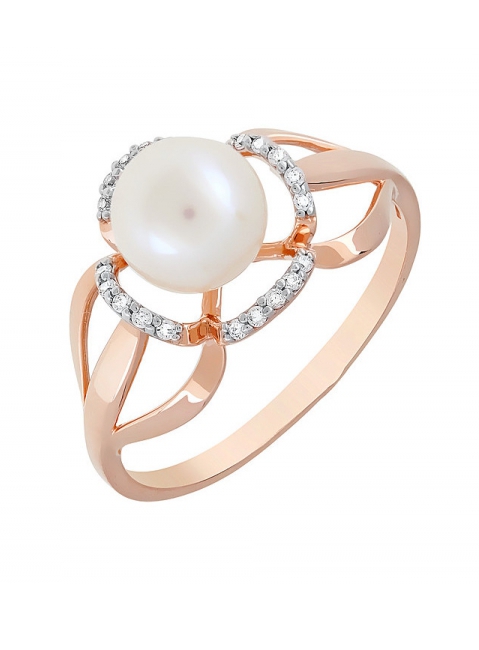 Золотое кольцо с жемчугом и фианитом № 120142