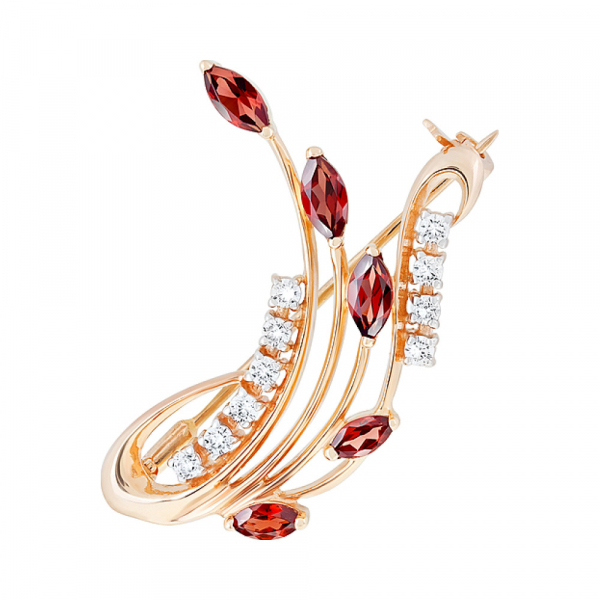 Золотая брошь с гранатом и фианитом № 122938