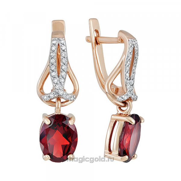 Золотые серьги с гранатом и фианитом № 140058