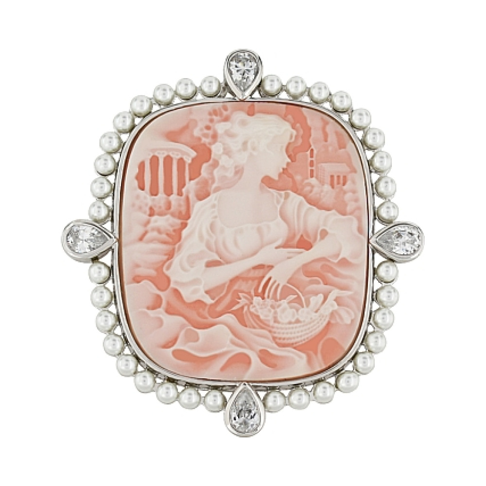 Серебряная брошь с фианитом,розовым карбоном и имитац. жемчуга № 80522