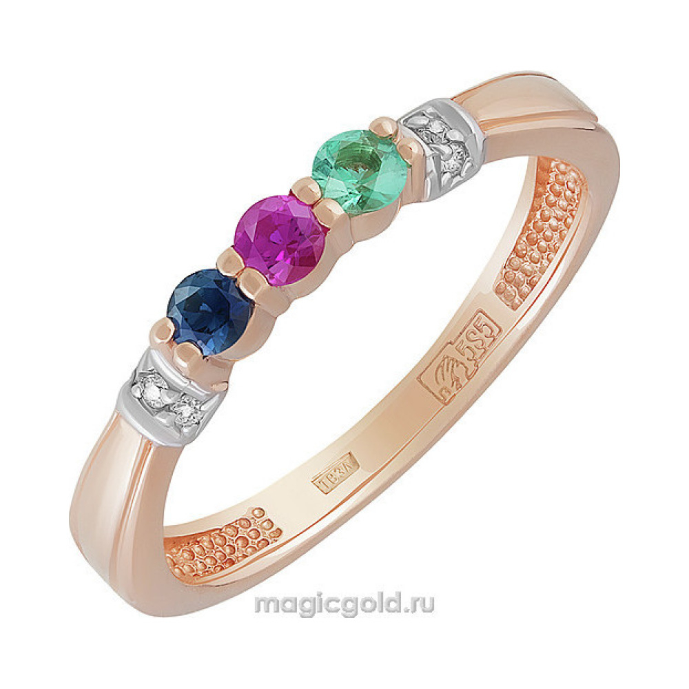 Золотое кольцо с драгоценными вставками и бриллиантом № 156451