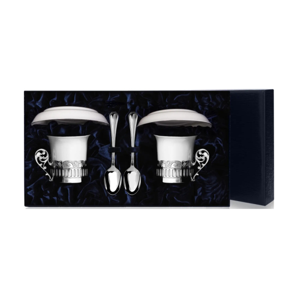 Набор кофейных чашек Богема: блюдце, ложка, чашка из серебра 925 пробы