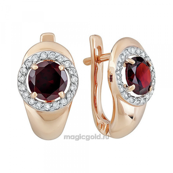 Золотые серьги с гранатом и фианитом № 120229