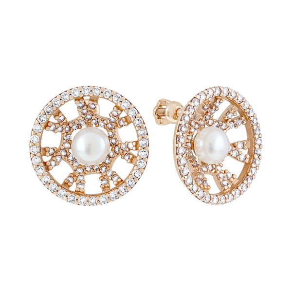 Золотые серьги с жемчугом и фианитом № 73548