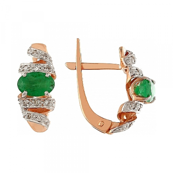 Золотые серьги с бриллиантом и изумрудом № 107547