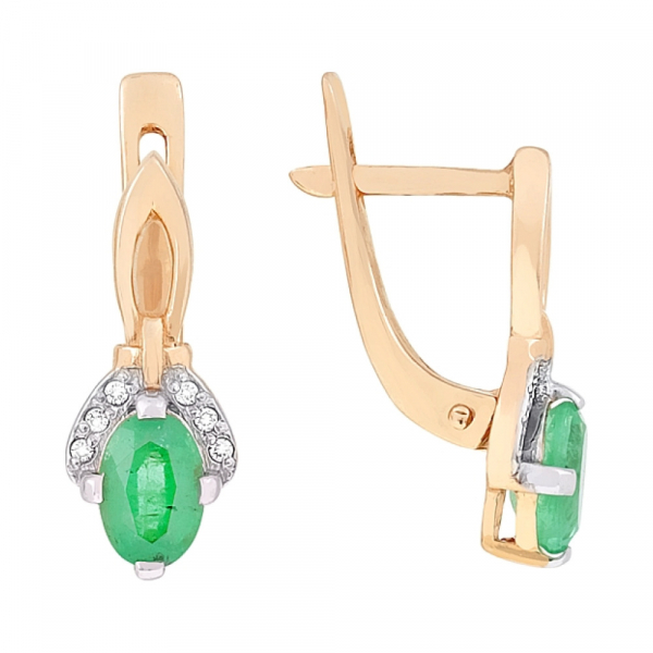 Золотые серьги с бриллиантом и изумрудом № 96492