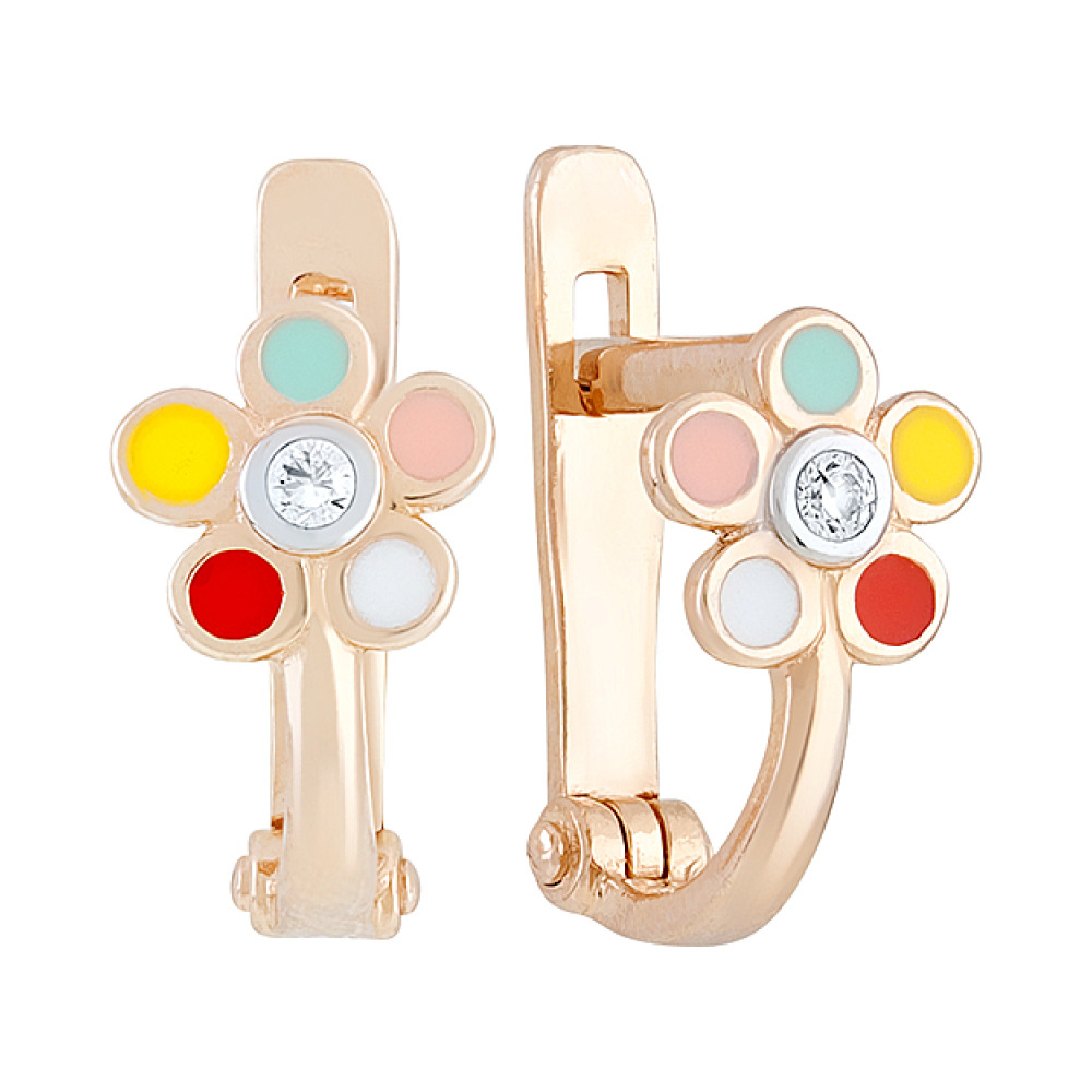Золотые серьги с эмалью и фианитом № 128995