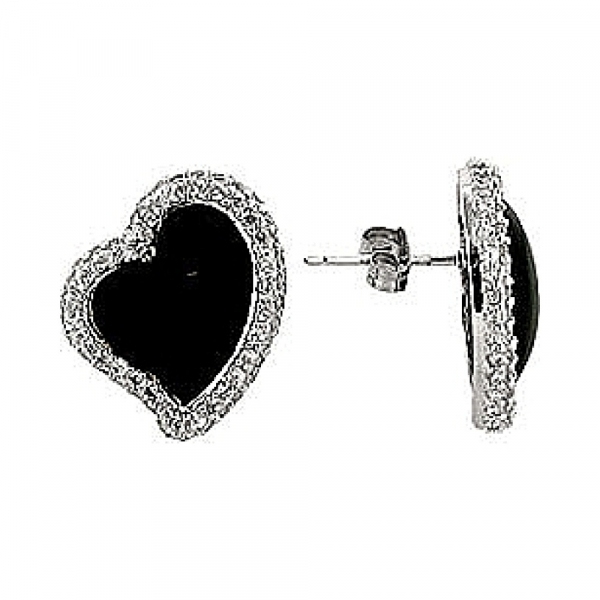 Серебряные серьги с чёрным агатом и фианитом № 73797