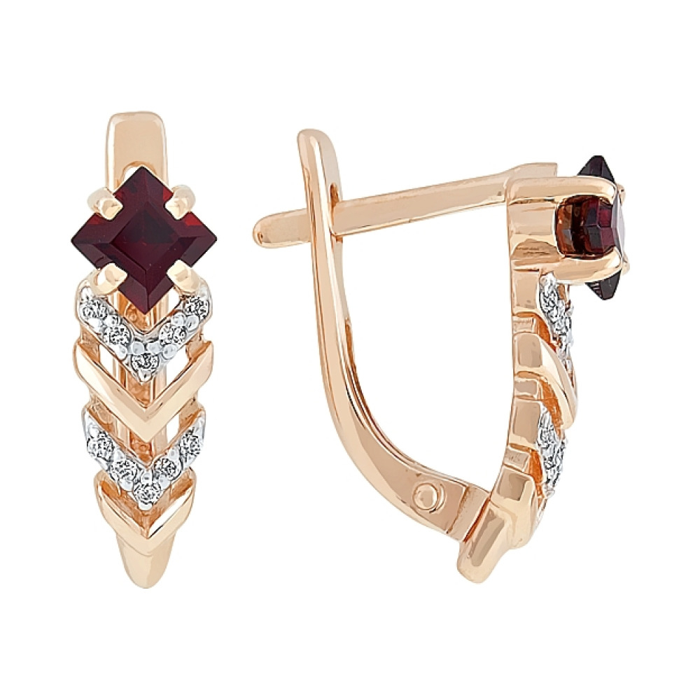 Золотые серьги с гранатом и фианитом № 114386