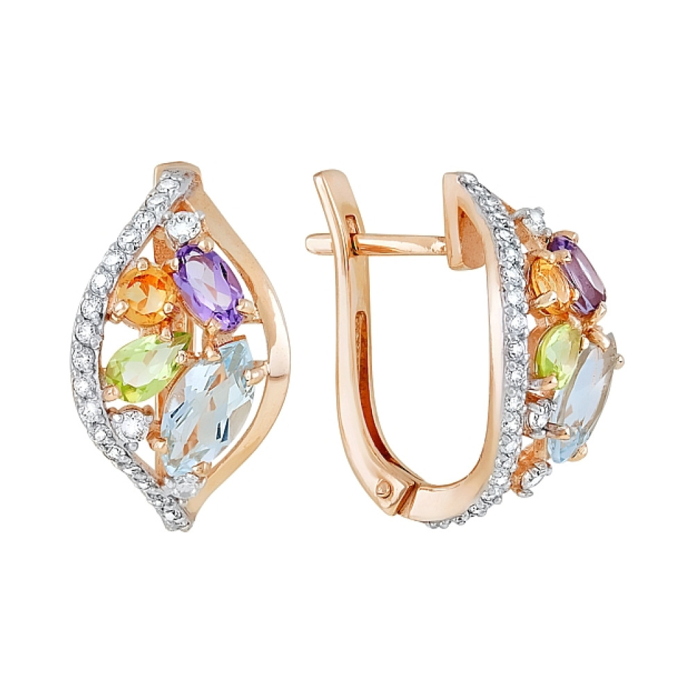 Золотые серьги с полудрагоценными  вставками и фианитом № 120924