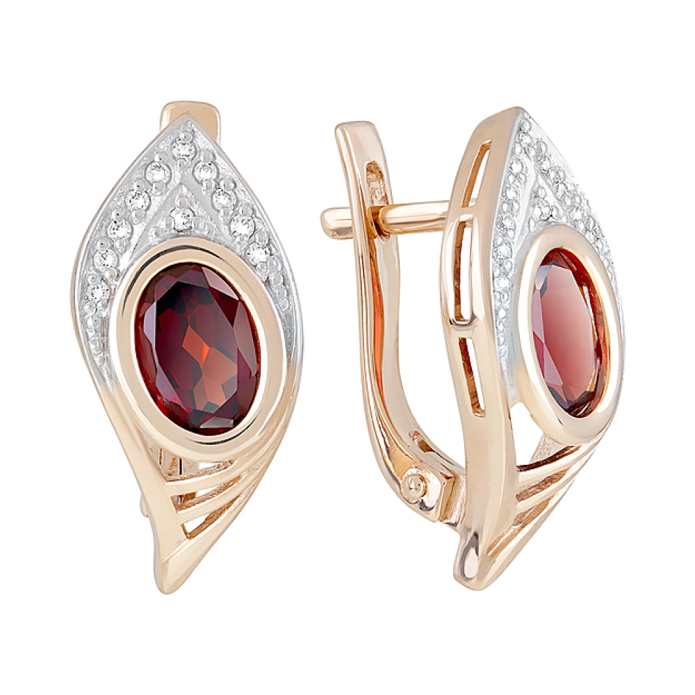 Золотые серьги с гранатом и фианитом № 122860