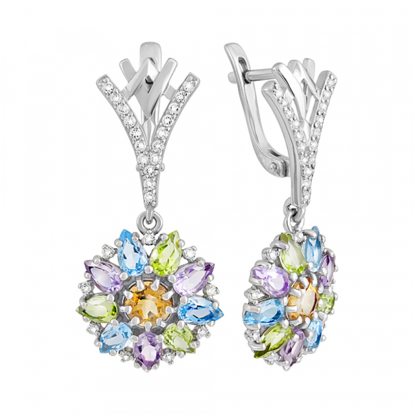 Серебряные серьги с полудрагоценными вставками и фианитом № 131484