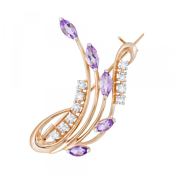 Золотая брошь с аметистом и фианитом № 122942