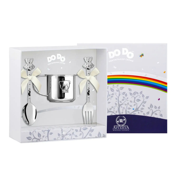 Набор детский DODO Мишка - малыш: вилка, ложка, кружка с позолотой и с эмалью из серебра 925 пробы