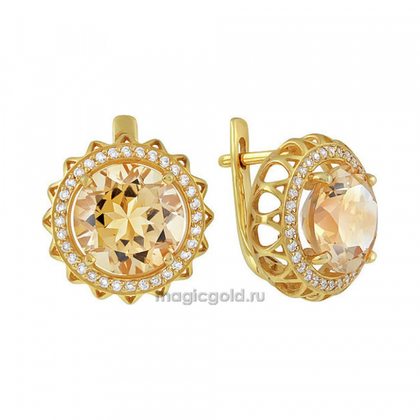 Серебряные серьги с цитрином,  фианитом и золотым покрытием № 134086