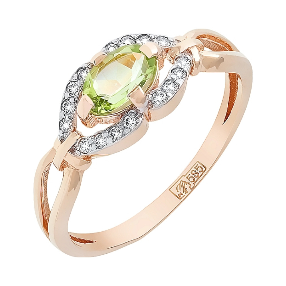 Золотое кольцо с хризолитом и фианитом № 101024