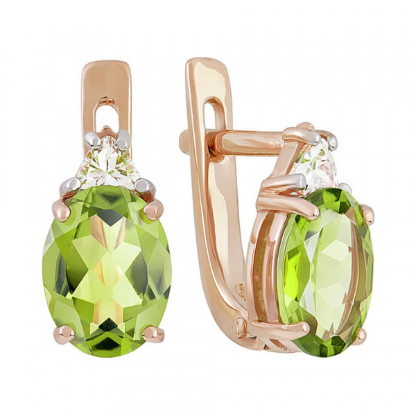 Золотые серьги с хризолитом и фианитом № 135157