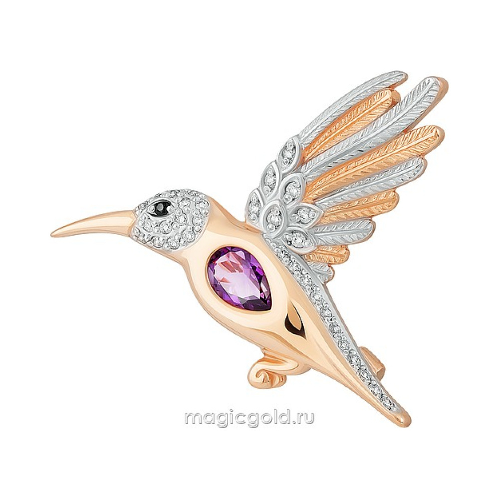 Золотая брошь с аметистом и фианитом № 166080
