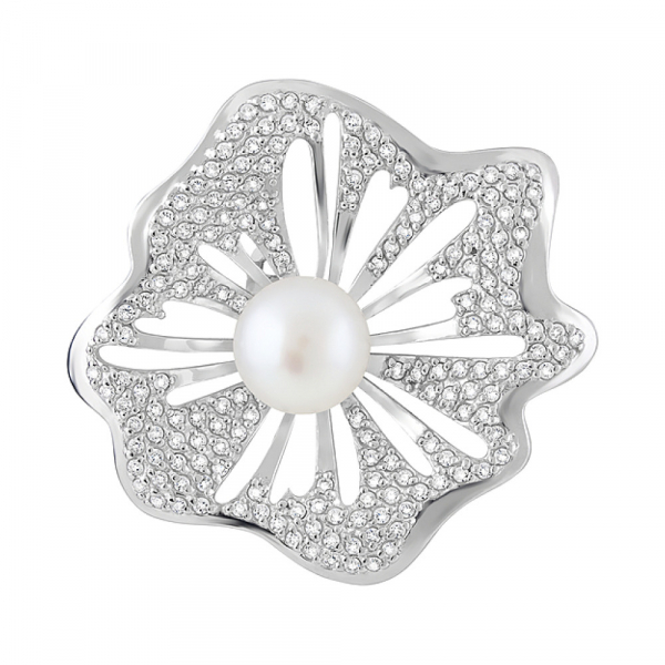 Серебряная брошь с жемчугом и фианитом № 123889