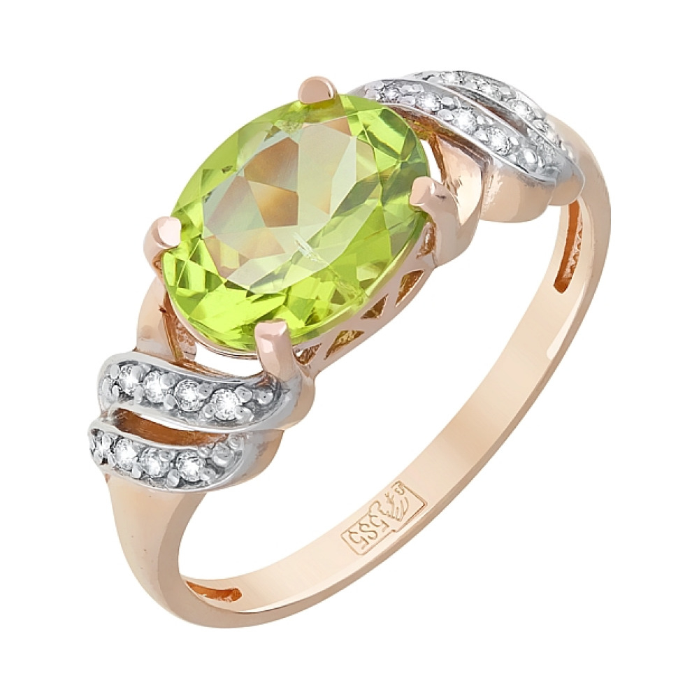 Золотое кольцо с хризолитом и фианитом № 119376