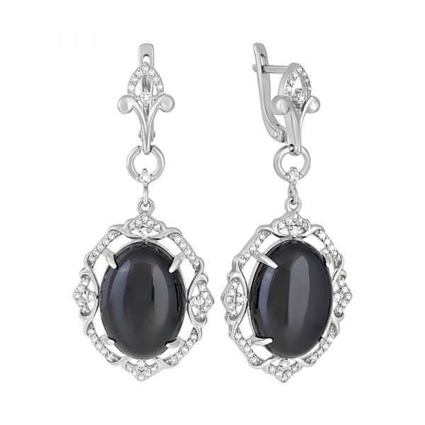 Серебряные серьги с черным  ониксом и фианитом № 128115
