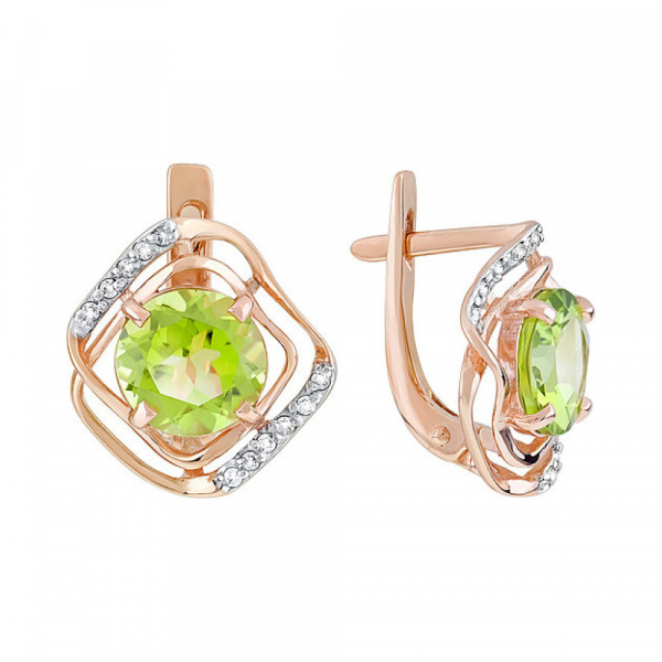 Золотые серьги с хризолитом и фианитом № 120196