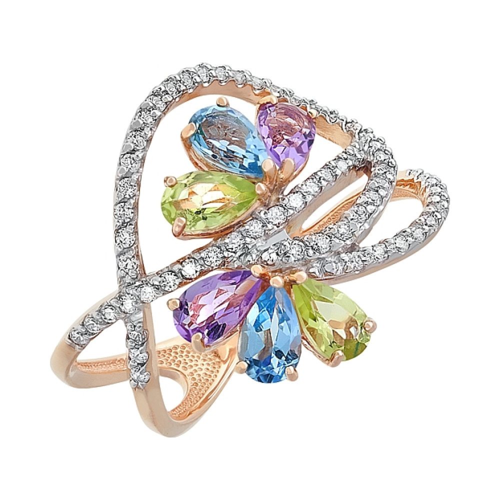 Золотое кольцо с аметистом, топазом, хризолитом и фианитами № 112153