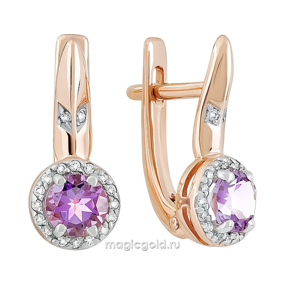 Золотые серьги с аметистом и фианитом № 141410