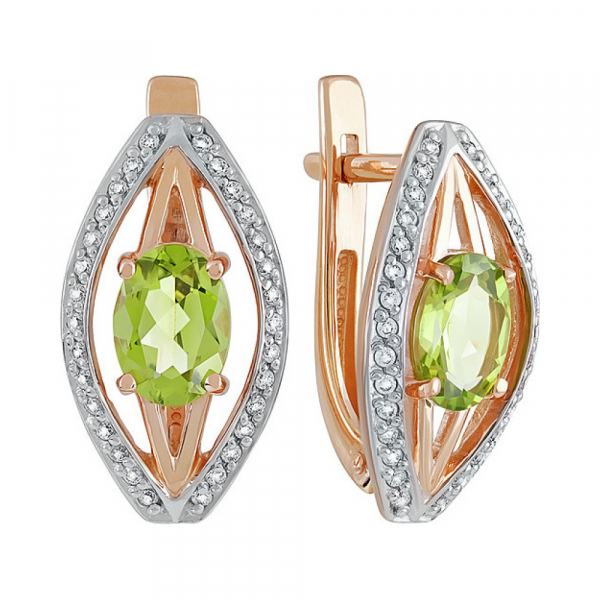 Золотые серьги с хризолитом и фианитом № 134844