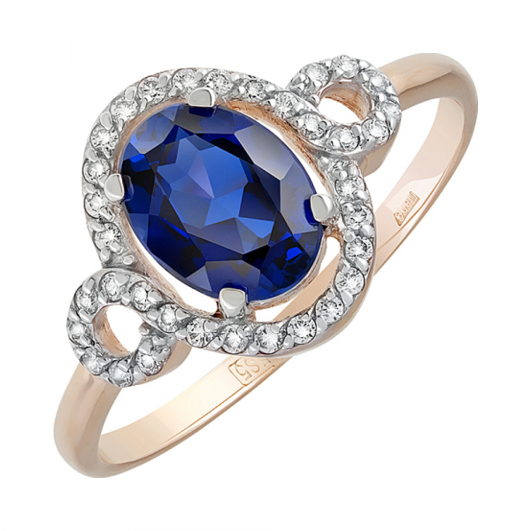 Золотое кольцо с сапфиром иск.выр. и фианитом № 129936